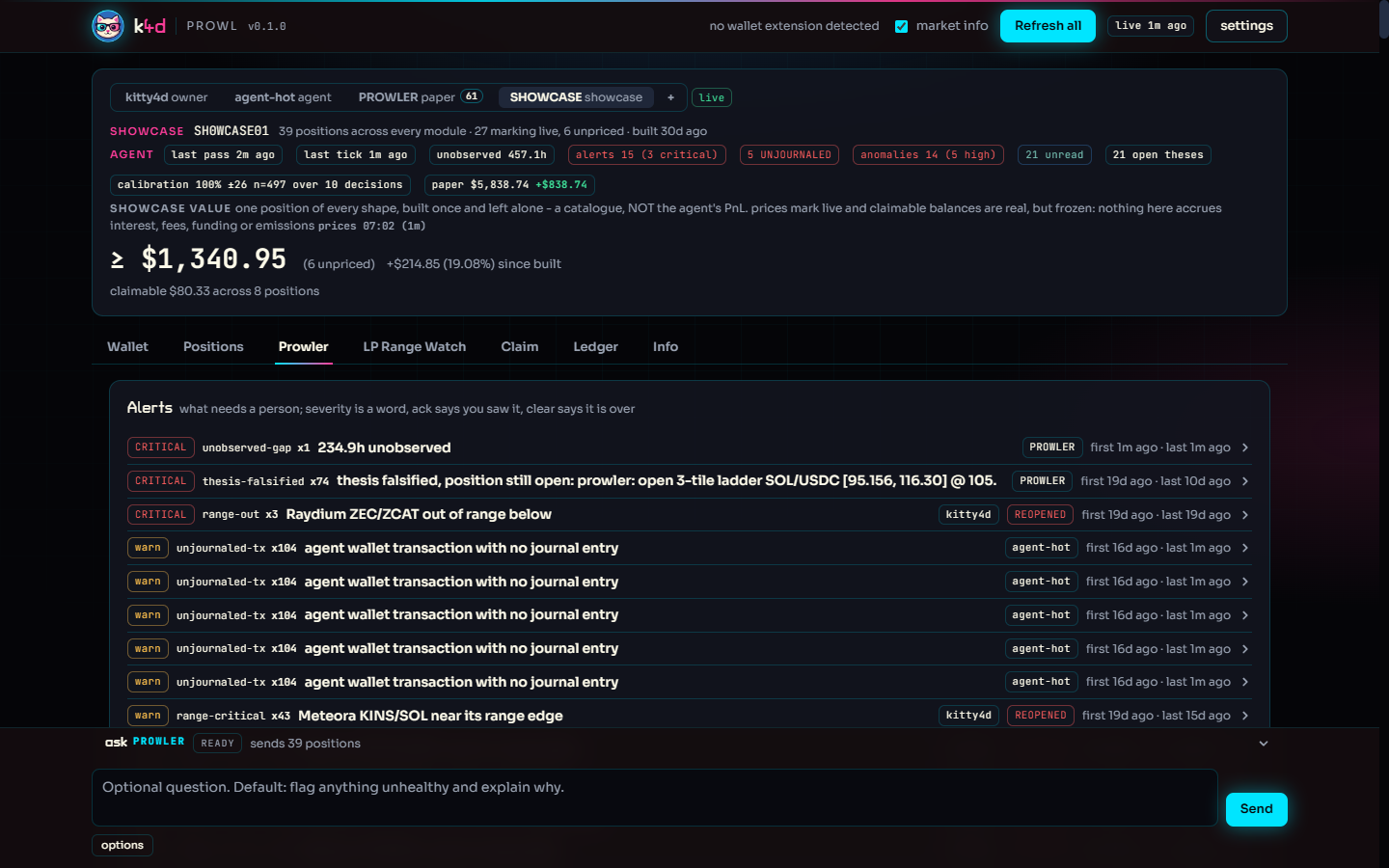 PROWL Prowler tab: alert feed with severities, sources, and reopened markers