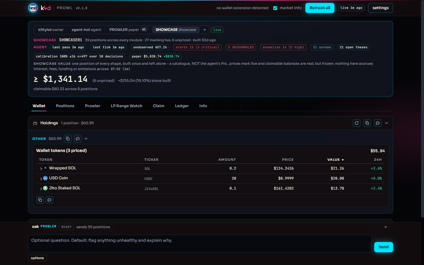 PROWL wallet view on the showcase wallet: module strip, net worth, priced wallet tokens