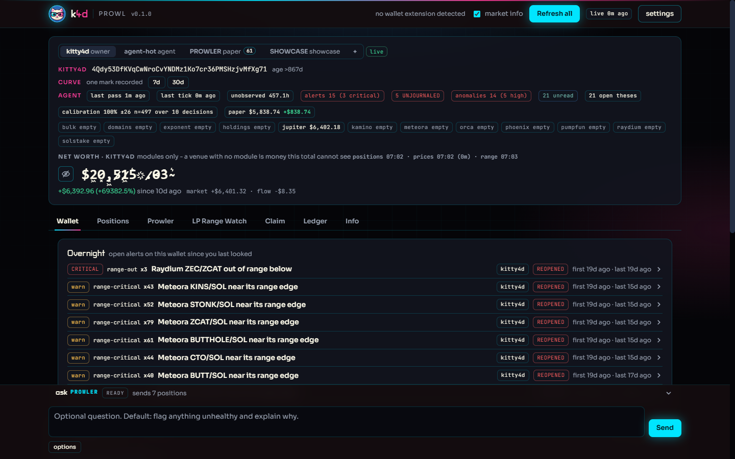 PROWL wallet overview with net worth hidden, agent status chips, and per-position changes